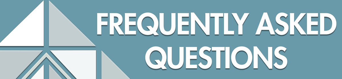 Teal background with white text saying 'Frequently Asked Questions' next to a geometric triangle design. Clean and informative tone.